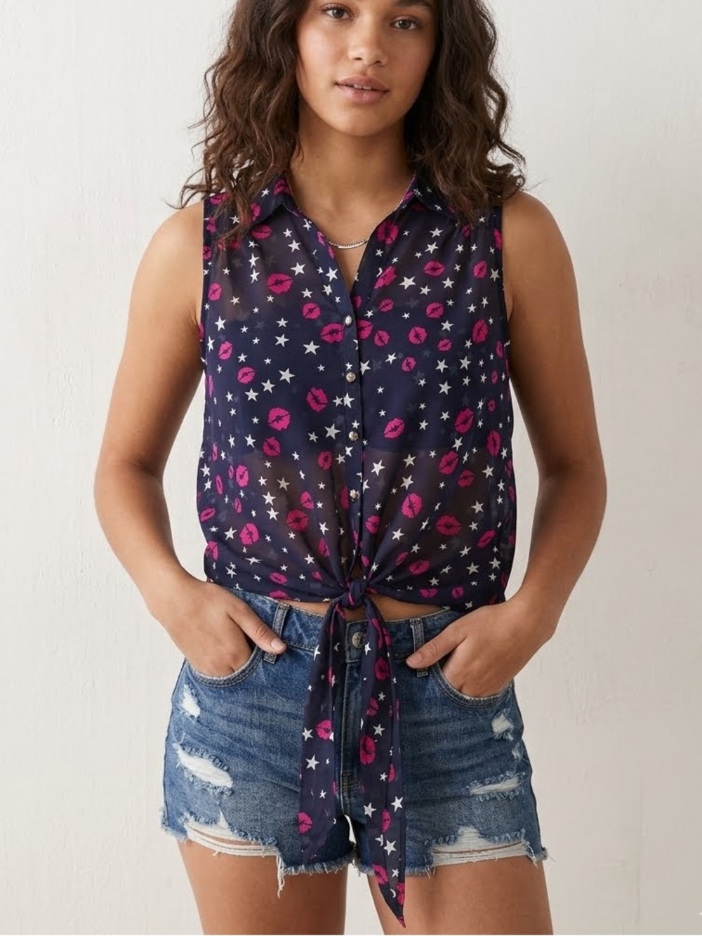 CALS Star & Pink Lip Print Sheer Tie-Front Blouse Small Whimsical